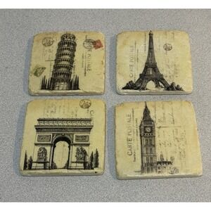 set of 4 cork-backed stone coasters featuring Europe Paris Rome Travel Postcard